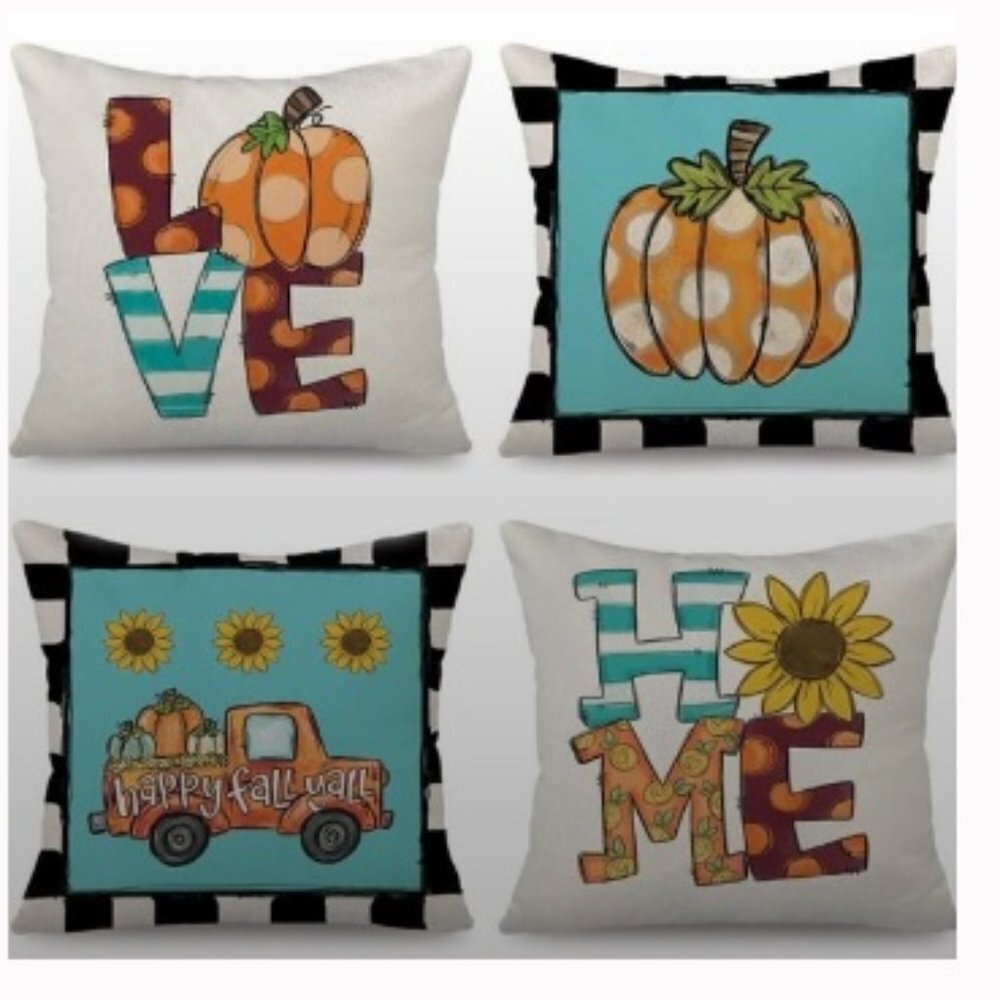 Set of 4 Love Home Pumpkin Autumn Farmhouse Pillow Covers